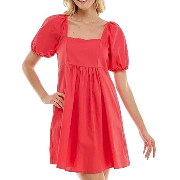 Draper James Hibiscus Puff Sleeve Babydoll Mini Dress | Coral Pink XL - Picture 1 of 8
